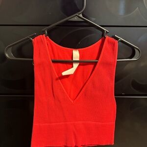 Red V-Neck Ribbed Women's Top
